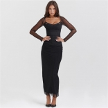 Black Women Mesh Long Sleeve Low Cut Straps Evening Party Bodycon Pleated Midi Dress