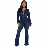 RoyalBlue V-Neck Long Sleeve Jeans Bodycon Sexy Jumpsuit