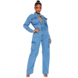 LightBlue Long Sleeve Denim Button Pocket Punk Fashion Jumpsuit Dress