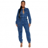 RoyalBlue Long Sleeve Denim Button Pocket Punk Fashion Jumpsuit Dress
