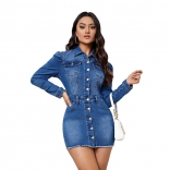RoyalBlue Long Sleeve Button Denim Fashion Slim Fit Jeans Mini Dress