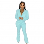 LightBlue Women Long Sleeve Deep V-Neck Fashion Solid Casual Suit Dress Sets