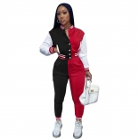 Red Women Long Sleeve Button Jacket Baseball Jersey Sports Jumpsuit Dress Sets