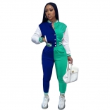 Green Women Long Sleeve Button Jacket Baseball Jersey Sports Jumpsuit Dress Sets