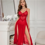 Red Straps Lace V Neck See Through Sexy Erotic Gown Tracksuit Long Lingerie