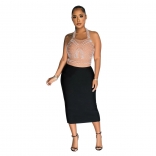 Black Halter Neck Pearls Mesh Sexy Women Office Lady Bodycon Midi Dress