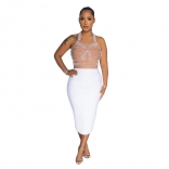 White Halter Neck Pearls Mesh Sexy Women Office Lady Bodycon Midi Dress