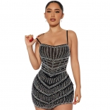 Black Straps Low Cut Mesh Rhinestones Bodycon Evening Mini Dress