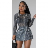 Gray Women Long Sleeve Romper Tops Printed Sexy Club Short Sets