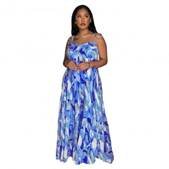 Blue Halter Printed Wide Leg Printed Causal Jumpsuit Dress