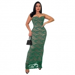 Green Straps Halter Low Cut Lace Hollow Out Prom Party Midi Dress