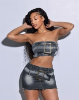 DarkGray Off Shoulder Sexy Denim Bodycon Mini Jeans Dress