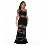 Black Halter Sleeveless Mesh Hollow Out Rhinestone Sexy Long Prom Dress