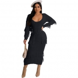 Black Long Sleeve Knitting Tassels Hollow Bodycons Sexy Midi Dress