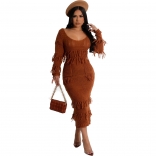 Coffee Long Sleeve Knitting Tassels Hollow Bodycons Sexy Midi Dress