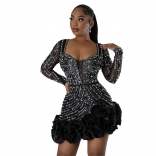 Black Lace Long Sleeve Deep V Neck Pearls Rhienstone Bodycon Pleated Mini Dress
