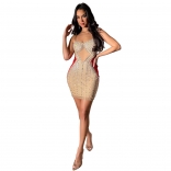 Red Mesh Rhinestones Halter Party Mini Dress