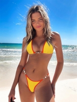 Yellow Sexy Solid Metal Bikini Swimsuit for Women