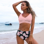 Pink High Waist Flowers Printed Bikini Swimwear