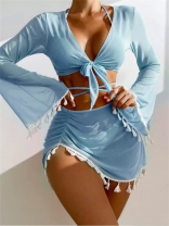 LightBlue Four Piece Bikini Sets with Mesh Covers