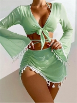 Green Four Piece Bikini Sets with Mesh Covers