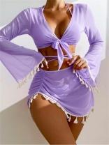 Purple Four Piece Bikini Sets with Mesh Covers