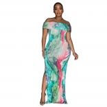 Green Women's Off Shoulder Printed Hight Slit Fashion Long Dress