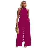 RoseRed Women Sleeveless Halter Hollow Backless Ruffles Wide Leg Jumpsuits