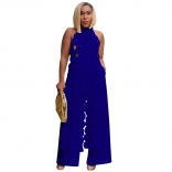 Blue Women Sleeveless Halter Hollow Backless Ruffles Wide Leg Jumpsuits