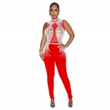 Red Sleeveless High Neck Sleeveless Mesh Rhinestone Bodycon Sexy Jumpsuit