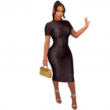 Black Short Sleeve O Neck Mesh Grid Bodycon Sexy Club Midi Dress