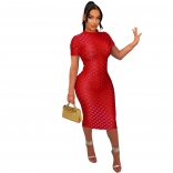 Red Short Sleeve O Neck Mesh Grid Bodycon Sexy Club Midi Dress