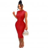 Red O Neck Mesh Grid Bodycon Sexy Club Midi Dress