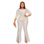 White Rhinestones Seven Sleeve Tops Slit Sexy Pant Casual Jumpsuit Sets