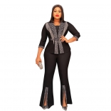 Black Rhinestones Seven Sleeve Tops Slit Sexy Pant Casual Jumpsuit Sets