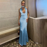 Blue Halter Deep V Neck Satin Sexy Evening Party Long Dress