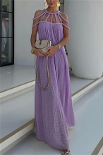 Purple Hollow Drawstring Low Cut Loose Fit Long Skirt Dress