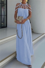 LightBlue Hollow Drawstring Low Cut Loose Fit Long Skirt Dress