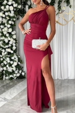 Claret Sleeveless Straps Sloping Shoulder Fashion Long Dress