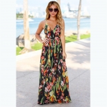 Black Straps V Neck Printed Fashion Casual Floral Long Dress