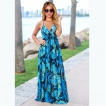 Blue Straps V Neck Printed Fashion Casual Floral Long Dress