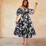 Black Off Shoulder Short Sleeve Pleated Waist Printed Casual Floral Dress