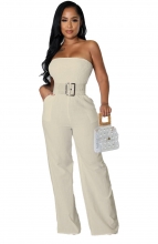 Beige Pleated Off Shoulder Neck Casual Belt Fashion Women Jumpsuit Rompers