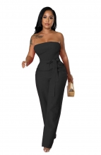 Black Pleated Off Shoulder Neck Casual Belt Fashion Women Jumpsuit Rompers