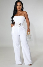 White Pleated Off Shoulder Neck Casual Belt Fashion Women Jumpsuit Rompers