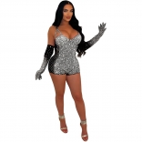 Black Straps V Neck Sexy Rhinestone Bodycon Mesh Rompers with Gloves