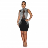 Black Sleeveless O Neck Crystal Mesh Sexy Bodycon Mini Party Dress