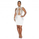 White Sleeveless O Neck Crystal Mesh Sexy Bodycon Mini Party Dress