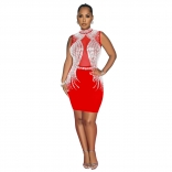 Red Sleeveless O Neck Crystal Mesh Sexy Bodycon Mini Party Dress