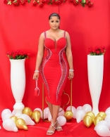 Red Halter Low Cut Mesh Rhinestone Bodycon Midi Dress